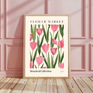 Impresión de tulipanes en el mercado de flores, arte de pared con flores estilo bohemio, minimalista rosa grande, arte de pared moderno, decoración del dormitorio, sala de estar, descarga digital