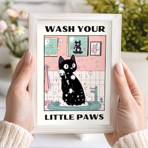 Estampado de gato &quot;Lávate las Patas&quot;: Decoración original para el baño infantil (Descarga digital)