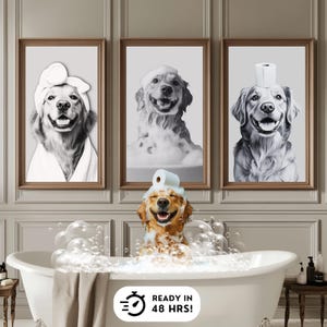 May include: Three framed wall art prints featuring golden retriever dogs in bathroom settings, including one with a towel wrap, one with soap bubbles, and one with a toilet paper roll, plus a golden retriever in a bathtub with bubbles.