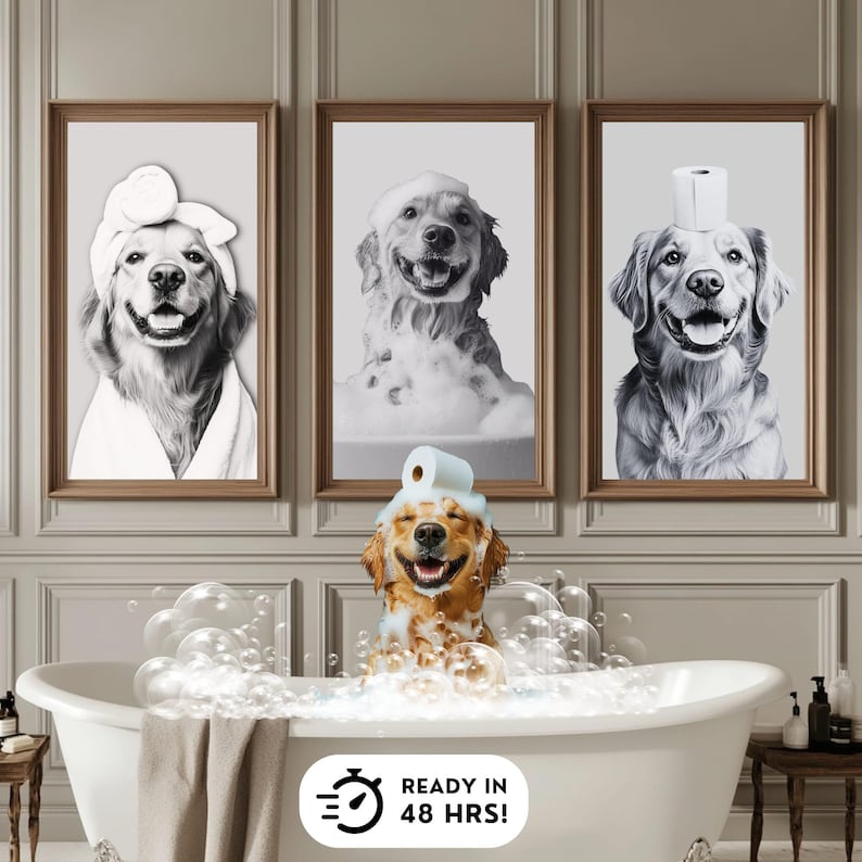 May include: Three framed wall art prints featuring golden retriever dogs in bathroom settings, including one with a towel wrap, one with soap bubbles, and one with a toilet paper roll, plus a golden retriever in a bathtub with bubbles.