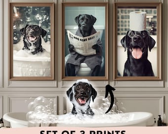 3er-Set personalisierter Haustier-Badezimmer-Kunstdrucke, Hundebadewannen-Poster, Retro-Kunst, Digitaler Download