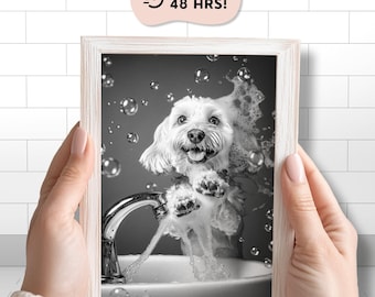 Custom Dog Portrait: Funny Pet 'Wash Your Paws' Bathroom Art (Digital Download)
