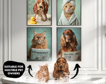 Custom Pet Prints, Set of 4 Portraits, Cat Dog in Bathroom Art, Digital Download