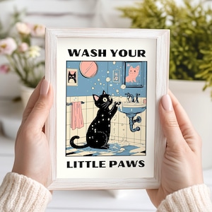Lámina de gato &quot;Lávate las Patas&quot;: Decoración original para el baño (Descarga digital)