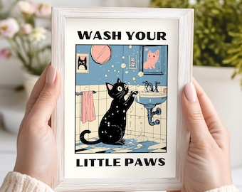 Wash Your Paws Cat Print, Cute Quirky Bathroom Poster, Kids Wash Up Art, Kawaii Cat Decor, Unique Cat Print, Digital Cleaning Poster