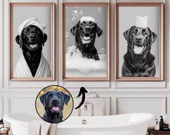 Personalisiertes Badezimmer-Kunstset mit Haustieren (3-teilig), lustige Hunde-in-der-Badewanne-Drucke, personalisiertes Haustierporträt, Weihnachtsgeschenk für Hundeliebhaber, digitaler Download