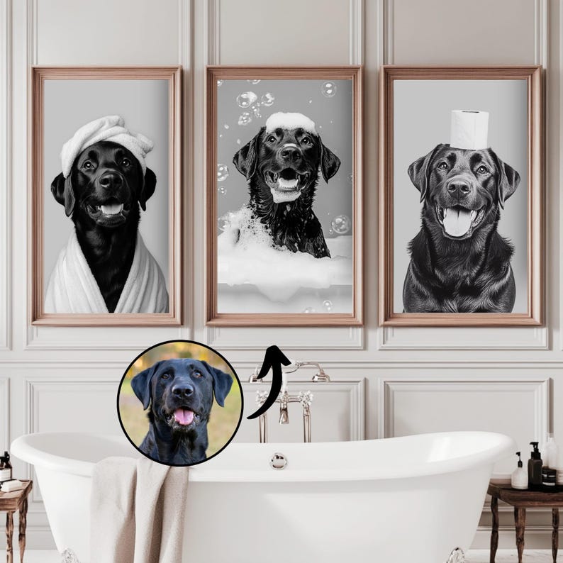 May include: Three framed wall art prints featuring a black Labrador retriever in a bathroom setting. One shows the dog in a towel, one in a bubble bath, and one with a toilet paper roll on its head. A circular inset shows a black Labrador portrait.