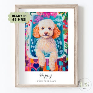 Ritratto personalizzato di un cane nella vasca da bagno: divertente decorazione murale per il bagno (download digitale)