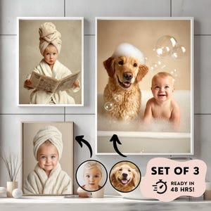 Könnte beinhalten: Set aus 3 gerahmten Drucken. Einer zeigt ein Kind im Bademantel und Handtuch beim Zeitunglesen. Ein weiterer zeigt ein Baby und einen Golden Retriever in einem Schaumbad. Die Drucke werden auf einem Regal ausgestellt. Text lautet "SET OF 3" und "READY IN 48 HRS!"