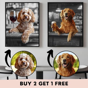 キャバプー犬の肖像画、ビールとワインを飲む面白いペットのプリント、バーカートの装飾、シェフ犬のキッチンアート、犬好きの方へのカスタム猫ダイニングルームギフト
