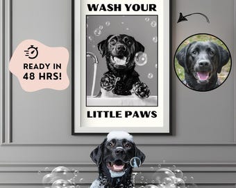 Custom Dog Portrait: Funny Pet Handwashing Bathroom Print (Digital Download)