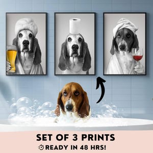 カスタム面白い犬のバスルームアート3点セット、ビールを飲むペットのユーモアプリント、バスタブにいる犬のポスター、バーカートの装飾、ペットの飼い主や犬好きの方へのギフト
