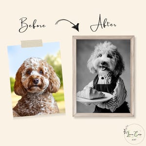 May include: A before-and-after art print featuring a dog. The "before" image shows a color portrait of the dog. The "after" image is a black and white portrait of the dog wearing a striped shirt and apron, holding a croissant on a plate.