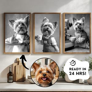 May include: Set of three framed black and white prints featuring a Yorkshire Terrier in various barista roles. One print shows the dog holding a croissant, another with a coffee cup, and the third near an espresso machine. A circular portrait of the dog is also included.