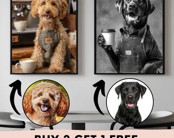 Custom Pet Chef Portrait, Funny Dog Coffee Wall Art, Personalized Cat Cooking Poster, Kitchen Decor, Digital Download Animal Print