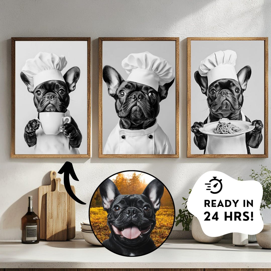 Custom Pet Chef Prints Set of 3, French Bulldog Kitchen Art, Dog ...