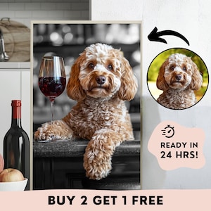 カスタムペットポートレート、面白い犬のドリンクプリント、ペットがビールを飲むポスター、バーカートプリント、キッチンにいるシェフのペットのアート、犬用ワインダイニングルームギフト