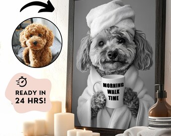 Custom Pet Portrait Art, Funny Dog on Toilet Newspaper Print, Coffee Art, Digital Download