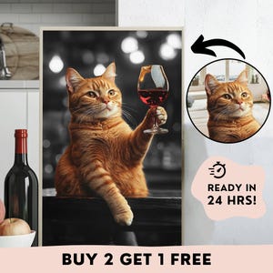 Funny Cat Drinking Wine Art, Custom Pet Portrait, Bar Cart Print, Dog Kitchen Decor, Personalized Gift for Cat Lovers, Dining Room Decor