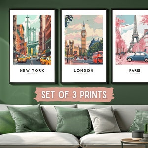 Stampe di viaggio personalizzate, set da 3, regalo di New York, poster di Londra, stampa di Parigi, punto di riferimento, poster di viaggio retrò, arte murale della città, A5 A4 A3 A2 A1