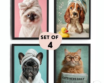 Custom Pet Prints, Set of 4 Portraits, Cat Dog in Bathroom Art, Digital Download