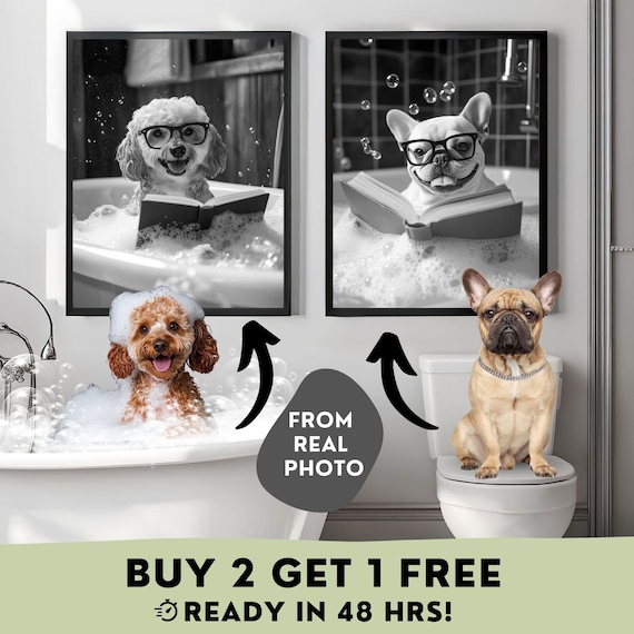 Custom Dog Toilet Portrait, Funny Pet Bathroom Art, Reading Book