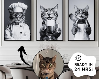 May include: Set of three black and white cat art prints. One cat wears a chef's hat and coat, another holds a beer mug, and the third holds a wooden spoon. A framed cat portrait and a "READY IN 24 HRS!" graphic are also visible.