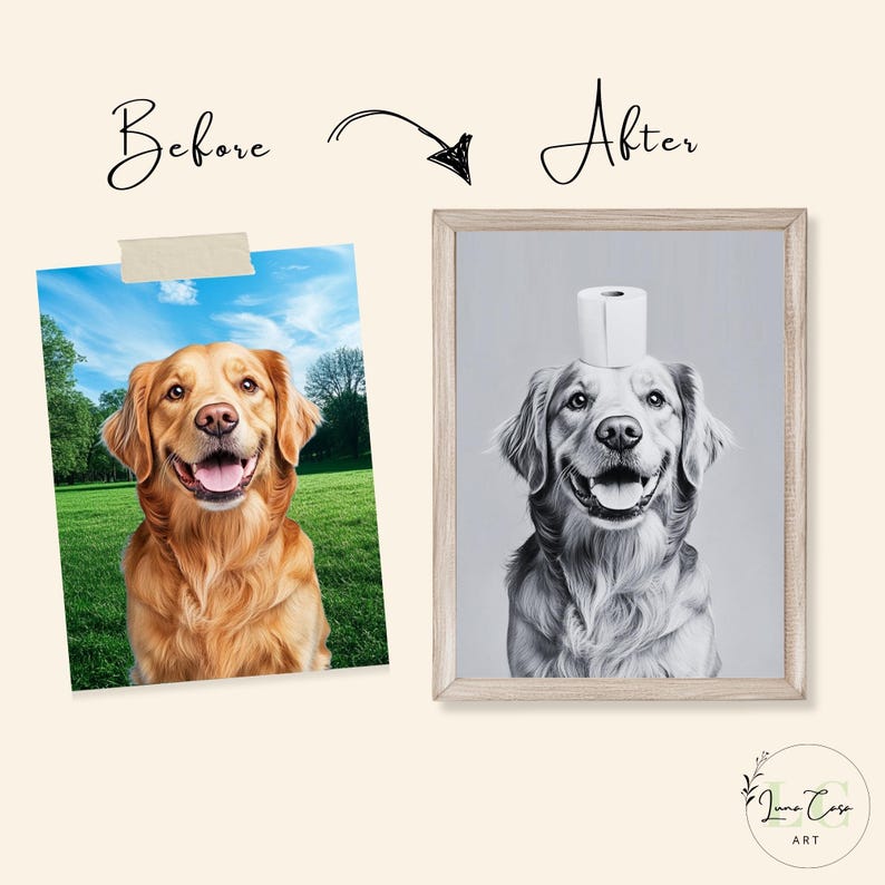 May include: A side-by-side comparison showing a color photograph of a golden retriever on the left and a black and white framed portrait of the same dog with a roll of toilet paper balanced on its head on the right, labeled Before and After.