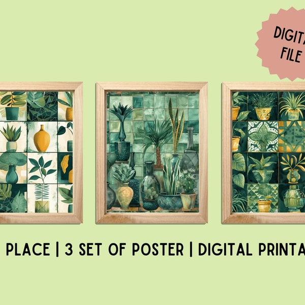 Boho Botanical & Geo Tile Digital Art Print, Floral Wall Art for Hallway, Cottage Core Decor, Set of 3, Plant Lover Gift, A5 A4 A3 A2 A1