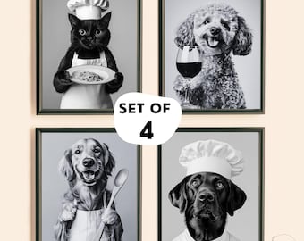 May include: Set of four framed black and white prints featuring animals in chef attire. A cat holds pasta, a poodle holds wine, a golden retriever holds a spoon, and a black lab wears a chef's hat. The text "SET OF 4" is in the center.
