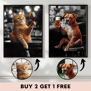 カスタムペットポートレートポスター、ワインを飲む猫や犬の面白いアート、バーカートの装飾、キッチンダイニングの壁プリント、ペット愛好家へのパーソナライズされたギフト