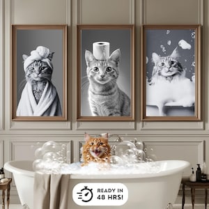 カスタムペットバスルーム3点セット、バスタブプリントのパーソナライズされた猫の肖像画、面白いペットの壁飾り、ペットの飼い主へのユニークなギフト、猫好きへのギフト