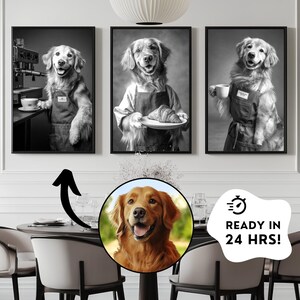 May include: Three framed black and white prints featuring Golden Retrievers in various cafe settings. One dog operates an espresso machine, another holds a croissant, and the third holds a coffee cup. A circular image of a Golden Retriever is in the foreground.