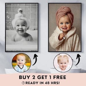 Könnte beinhalten: Zwei gerahmte Porträts von Babys. Eines ist ein Schwarz-Weiß-Bild eines Babys in einer Badewanne mit einer Quietscheente auf dem Kopf. Das andere ist ein Farbbild eines Babys mit einem Handtuch auf dem Kopf, das eine Zahnbürste hält. Der Text "BUY 2 GET 1 FREE" steht unten.