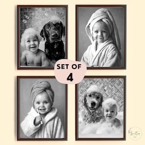 May include: A set of four framed black and white art prints. Each print shows a baby and a dog in a bathroom scene. The prints are in dark brown frames, with the text "SET OF 4" in the center.