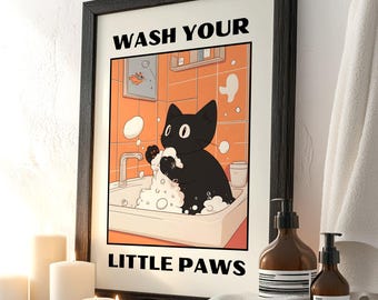 Wash Your Paws Cat Print: Kawaii Bathroom Decor (Digital Download)