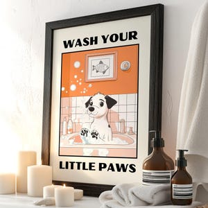 Lávate las patas con la impresión de perro, lindo póster para el baño, pósters para niños lavando platos en el baño, decoración con impresiones kawaii, arte canino único, descarga digital