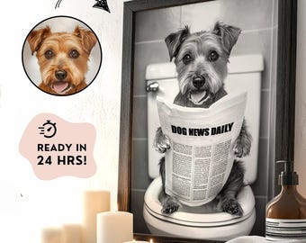 Funny Pet Toilet Paper Print, Custom Dog Reading Newspaper Art, Black White Digital Download