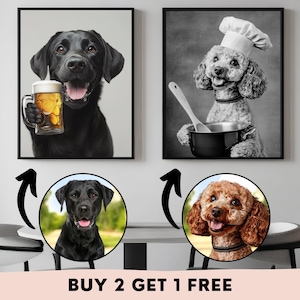カスタムペット犬シェフポートレート、面白い飲酒ポスター、ワイン＆ビールを飲む犬のウォールアート、バーカートキッチン装飾、複数のペットオーナーへのギフト