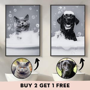 K&ouml;nnte beinhalten: Zwei gerahmte Schwarzwei&szlig;fotos von einer Katze und einem Hund in einem Schaumbad. Die Katze ist eine graue Tabby und der Hund ist ein schwarzer Labrador. Der Text "KAUFE 2, BEKOMME 1 GRATIS" befindet sich am unteren Rand des Bildes.