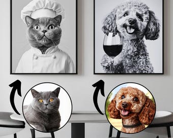 Custom Pet Chef Portrait: Funny Cat or Dog Bar Cart Art (Digital Download)