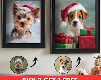 Op de afbeelding: Twee ingelijste prints met honden met kerstmutsen. Eén toont een Yorkshire Terrier in een bad, de andere een Jack Russell Terrier met cadeaus. De tekst onderaan luidt "BUY 2 GET 1 FREE" en "READY IN 24 HRS!"