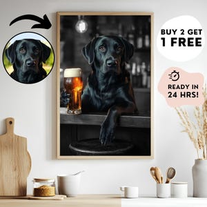 キッチンにいる犬のカスタムプリント、パーソナライズされたペットの肖像画ポスター、ワインを飲む面白い犬のアート、バーカートの装飾、キッチンにいる犬のメモリアルギフト