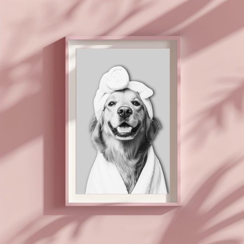 May include: A framed wall art print featuring a black and white portrait of a golden retriever dog wearing a white towel wrapped around its head and a white bathrobe. The dog is centered against a solid light gray background within a pink frame.