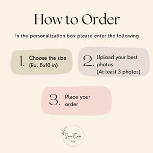 May include: An instructional graphic with a cream background and black text titled How to Order. It lists three steps: 1. Choose the size (Ex. 8x10 in), 2. Upload your best photos (At least 3 photos), and 3. Place your order, with a Luna Casa Art logo.