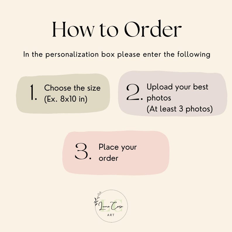 May include: An instructional graphic with a cream background and black text titled How to Order. It lists three steps: 1. Choose the size (Ex. 8x10 in), 2. Upload your best photos (At least 3 photos), and 3. Place your order, with a Luna Casa Art logo.