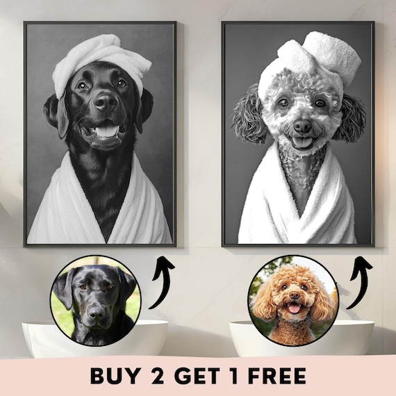 Funny Pet in Bathtub Portrait, Custom Dog Bathroom Art, Dog Toilet Print, Digital Download