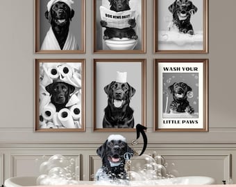 May include: Set of six black and white prints featuring a black Labrador Retriever in various humorous situations. The prints include the dog reading a newspaper, taking a bath, and surrounded by toilet paper rolls. The text on the prints reads "Dog News Daily" and "Wash Your Little Paws".