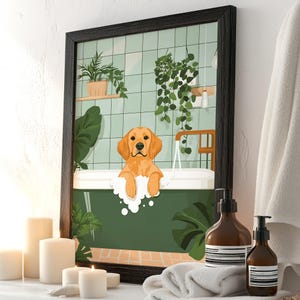 Goldendoodle Art, Dog in Bathtub Print, Funny Bathroom Wall Art, Quirky Dog Decor, Animal Bathroom Art, Funny Dog Art, Golden Retriever Gift