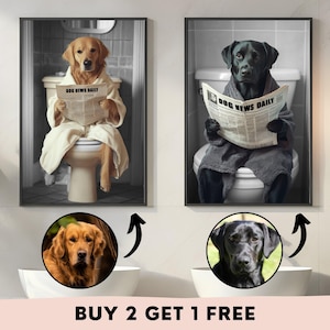 Stampa murale personalizzata con cane divertente in bagno, stampa con cane nella vasca da bagno, decorazione per il bagno degli animali domestici, stampa con cane che legge il giornale, regalo per amanti dei cani, ricordo per animali domestici